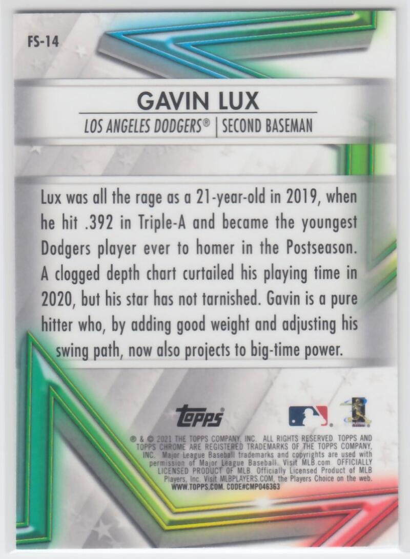 2021 Topps Chrome Future Stars Refractor #FS-14 Gavin Lux NM-MT Los Angeles Dodgers Baseball Card Image 2