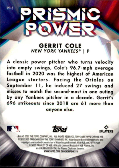 2021 Topps Chrome Prismic Power Refractor #PP-5 Gerrit Cole NM-MT New York Yankees Baseball Card Image 2