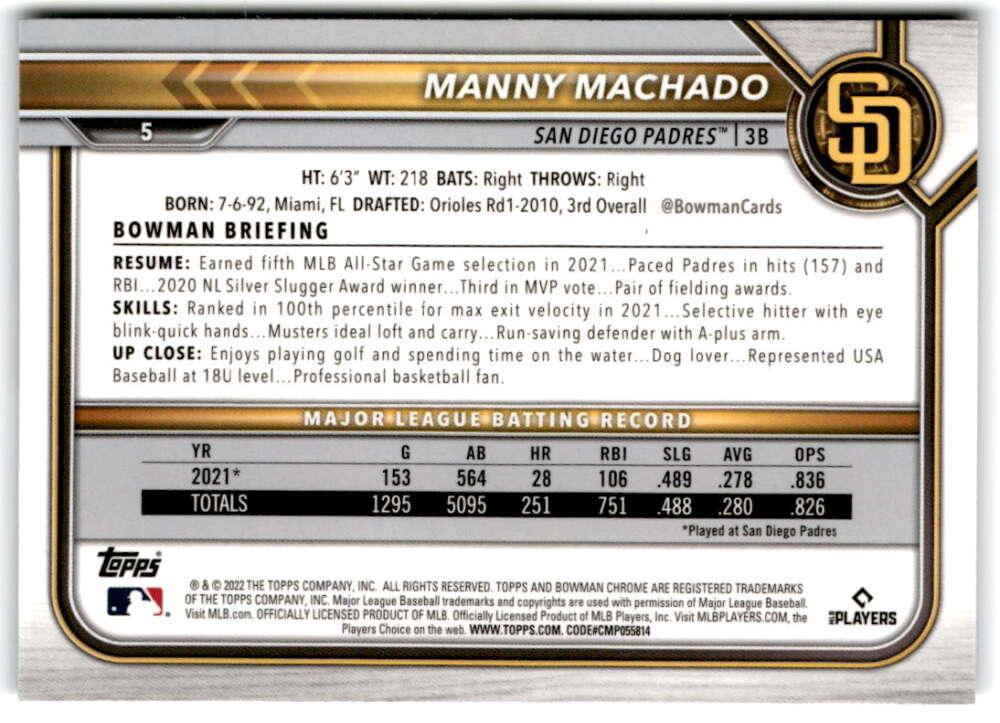 2022 Bowman Chrome #5 Manny Machado NM-MT San Diego Padres Baseball Card Image 2