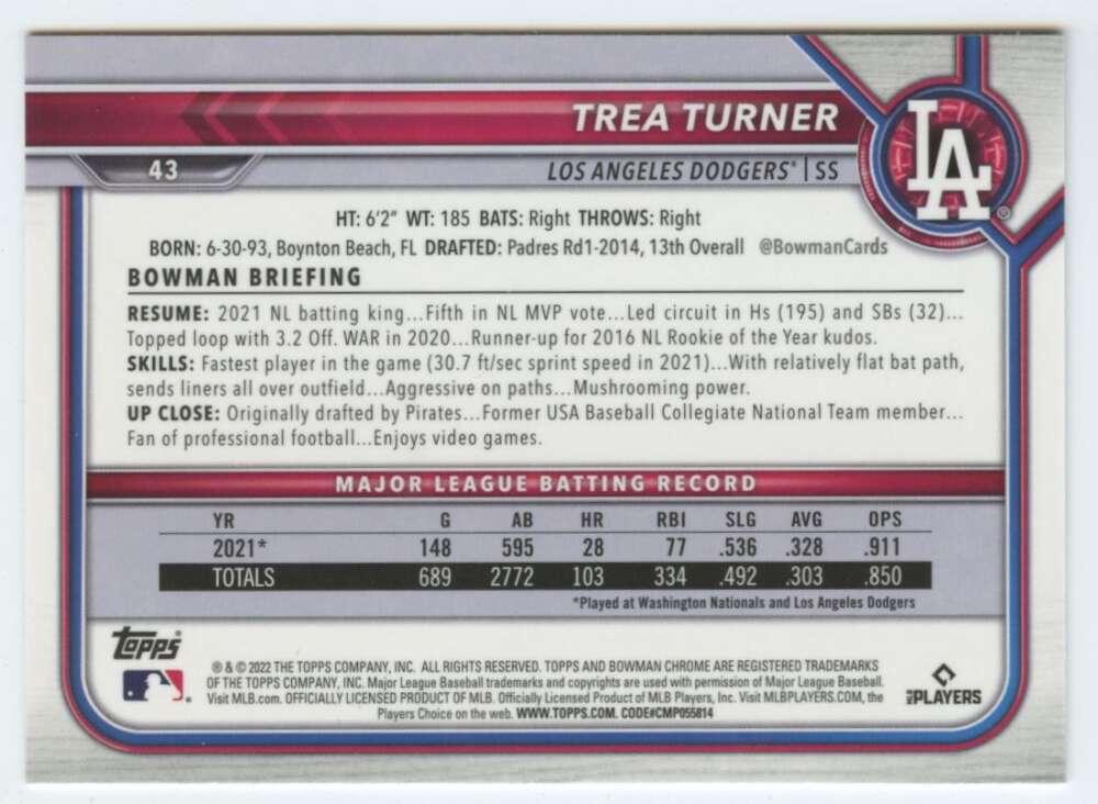 2022 Bowman Chrome #43 Trea Turner NM-MT Los Angeles Dodgers Baseball Card Image 2