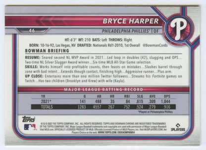 2022 Bowman Chrome #46 Bryce Harper NM-MT Philadelphia Phillies Baseball Card Image 2