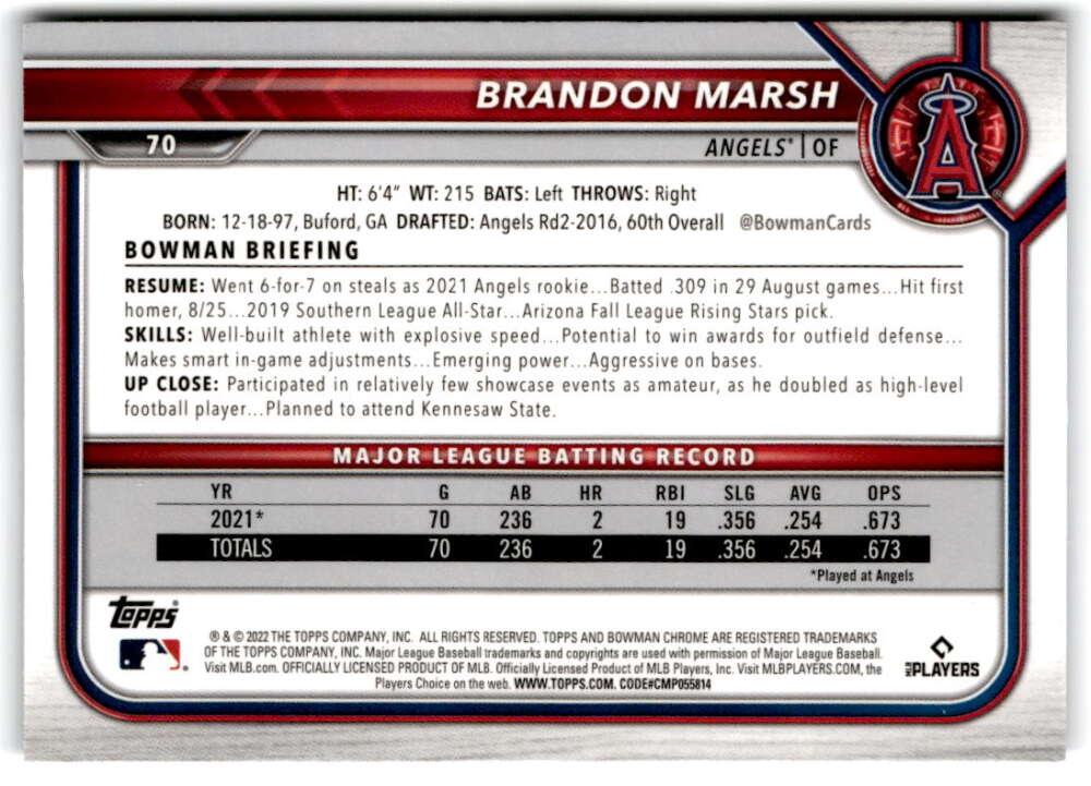 2022 Bowman Chrome #70 Brandon Marsh NM-MT RC Rookie Los Angeles Angels Baseball Card Image 2