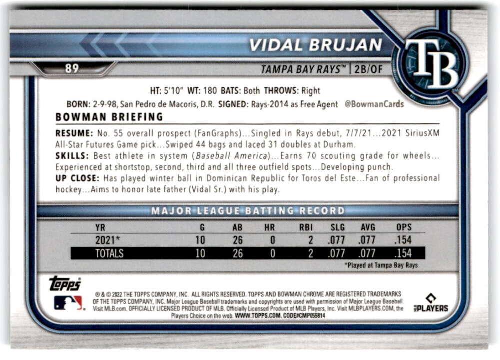 2022 Bowman Chrome #89 Vidal Brujan NM-MT RC Rookie Tampa Bay Rays Baseball Card Image 2