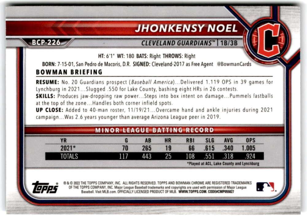 2022 Bowman Chrome Prospects #BCP-226 Jhonkensy Noel NM-MT Cleveland Guardians Baseball Card Image 2
