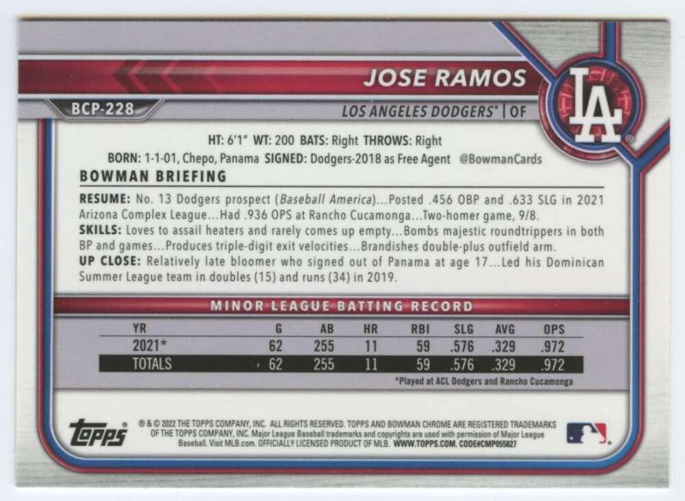 2022 Bowman Chrome Prospects #BCP-228 Jose Ramos NM-MT Los Angeles Dodgers Baseball Card Image 2