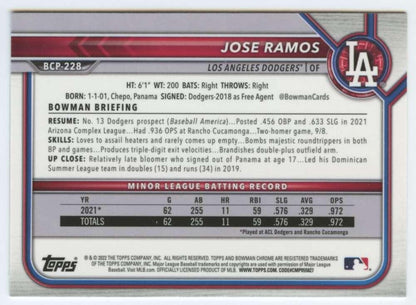 2022 Bowman Chrome Prospects #BCP-228 Jose Ramos NM-MT Los Angeles Dodgers Baseball Card Image 2