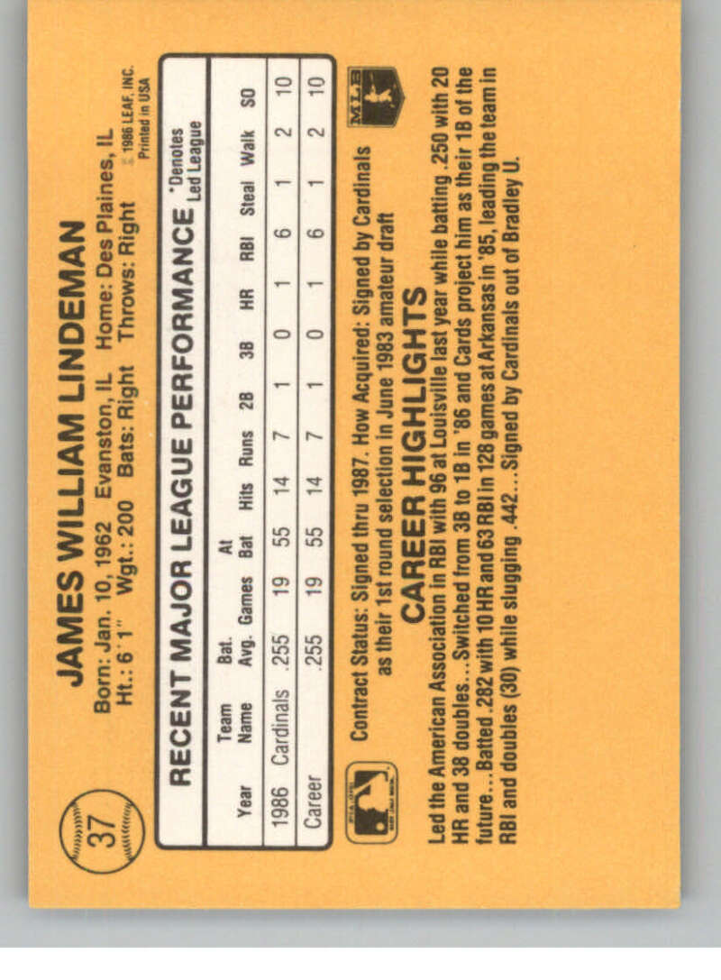 1987 Donruss #37 Jim Lindeman EX RC Rookie St. Louis Cardinals Baseball Card Image 2
