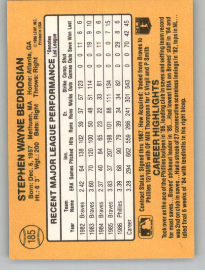 1987 Donruss #185 Steve Bedrosian EX Philadelphia Phillies Baseball Card Image 2