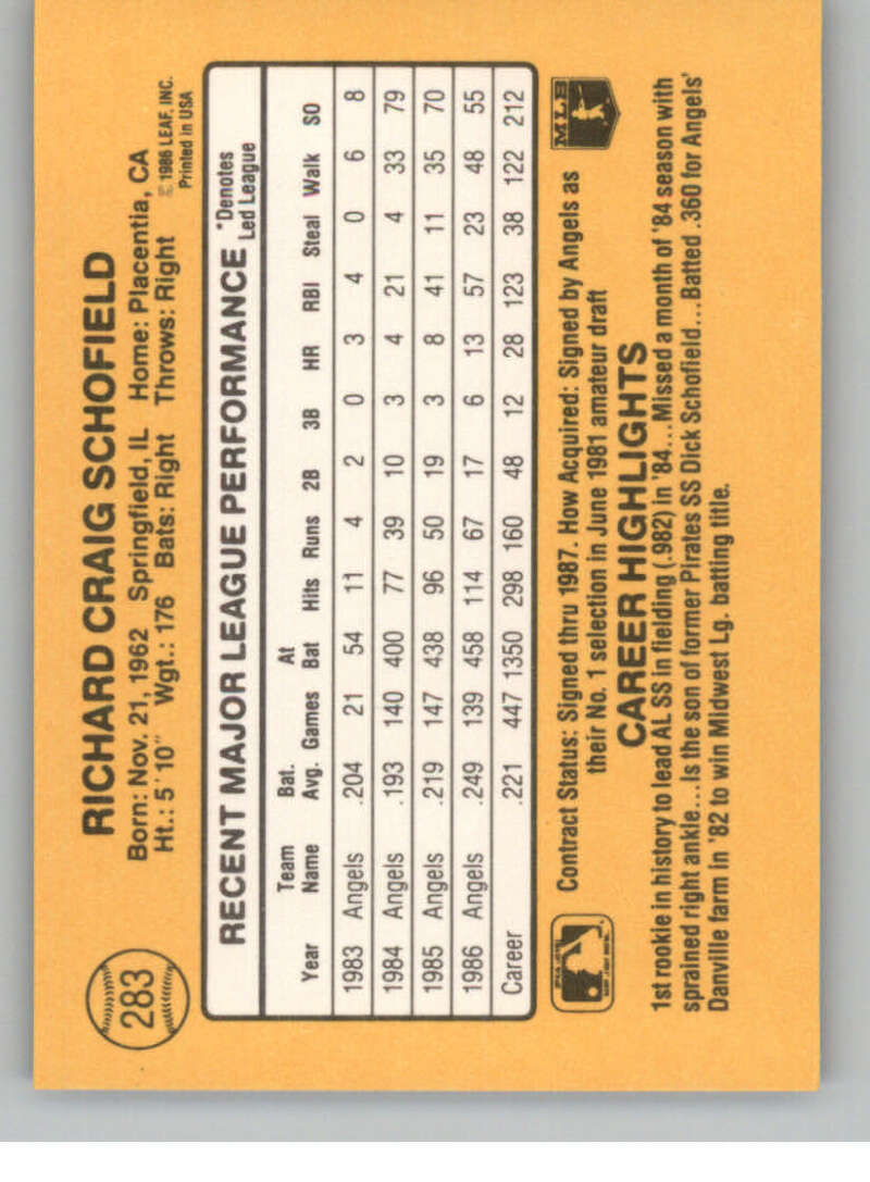 1987 Donruss #283 Dick Schofield EX California Angels Baseball Card Image 2