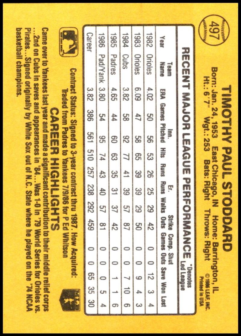 1987 Donruss #497 Tim Stoddard EX New York Yankees Baseball Card Image 2