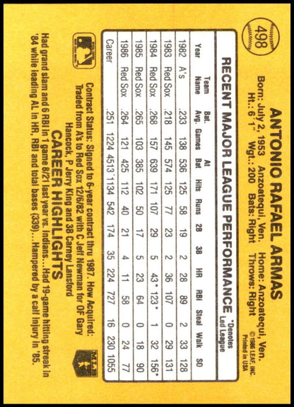 1987 Donruss #498 Tony Armas EX Boston Red Sox Baseball Card Image 2