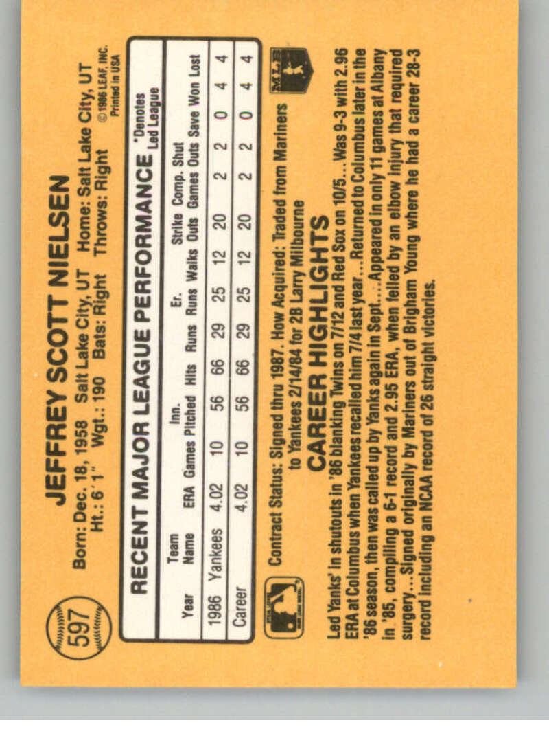 1987 Donruss #597 Scott Nielsen EX RC Rookie New York Yankees Baseball Card Image 2
