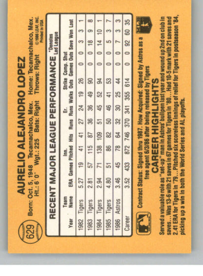 1987 Donruss #629 Aurelio Lopez EX Houston Astros Baseball Card Image 2
