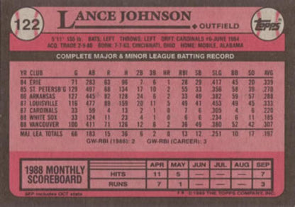 1989 Topps #122 Lance Johnson NM-MT Chicago White Sox Baseball Card Image 2
