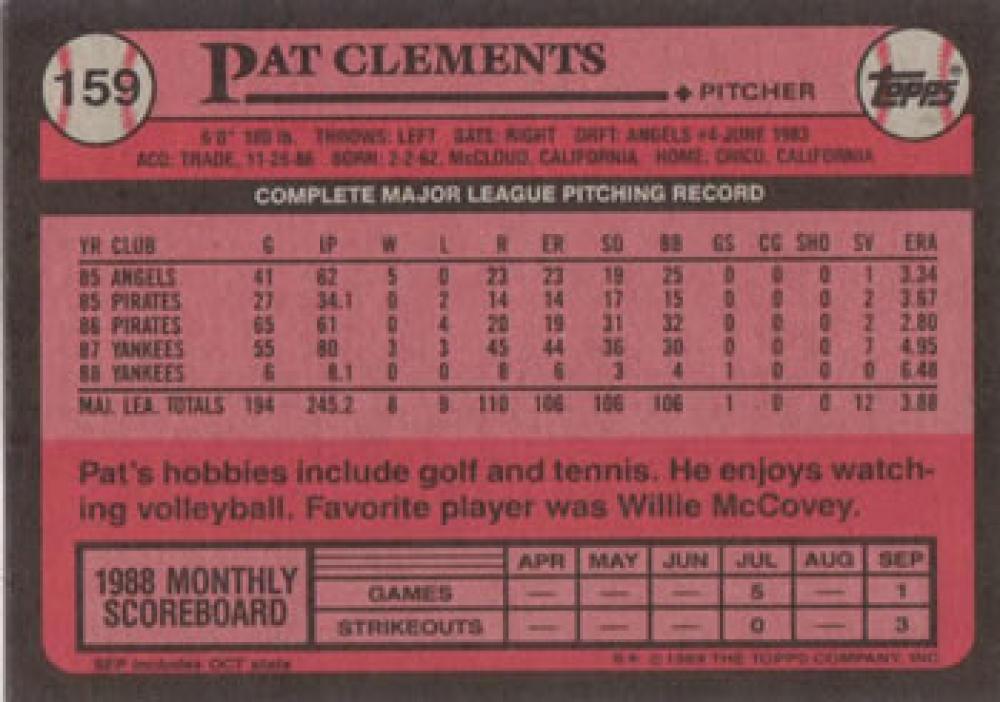 1989 Topps #159 Pat Clements NM-MT New York Yankees Baseball Card Image 2