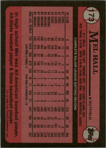 1989 Topps #173 Mel Hall NM-MT Cleveland Indians Baseball Card Image 2