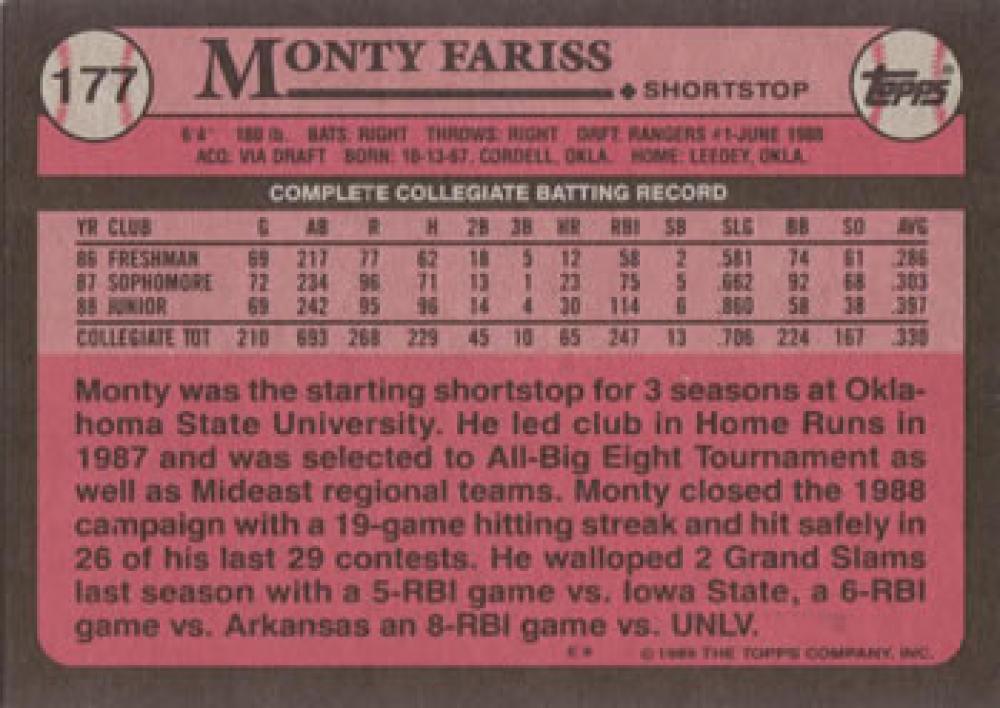 1989 Topps #177 Monty Fariss FDP NM-MT RC Rookie Texas Rangers Baseball Card Image 2