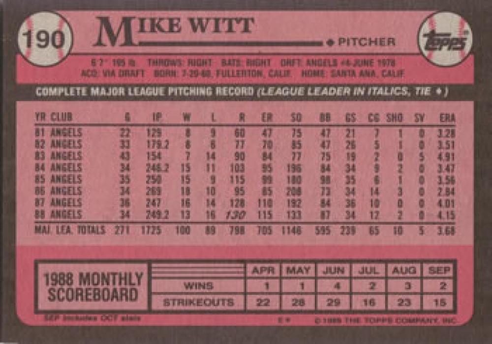 1989 Topps #190 Mike Witt NM-MT California Angels Baseball Card Image 2