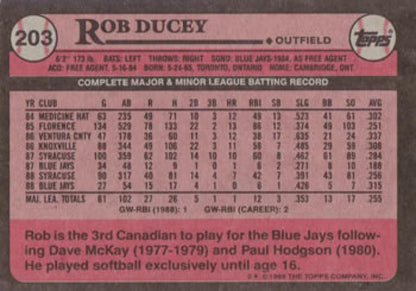 1989 Topps #203 Rob Ducey NM-MT Toronto Blue Jays Baseball Card Image 2