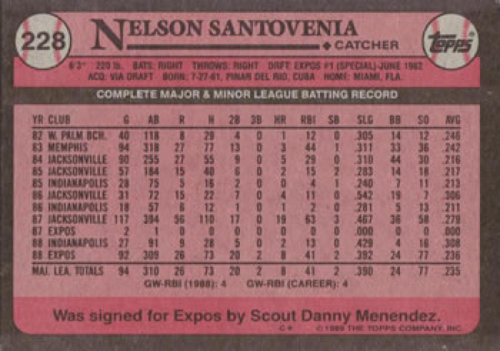 1989 Topps #228 Nelson Santovenia NM-MT Montreal Expos Baseball Card Image 2
