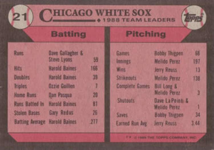 1989 Topps #21 Greg Walker Chicago White Sox TL NM-MT Chicago White Sox Baseball Card Image 2