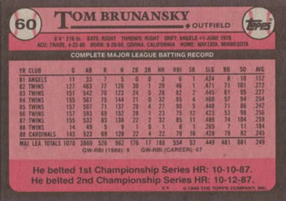 1989 Topps #60 Tom Brunansky NM-MT St. Louis Cardinals Baseball Card Image 2