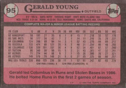 1989 Topps #95 Gerald Young NM-MT Houston Astros Baseball Card Image 2