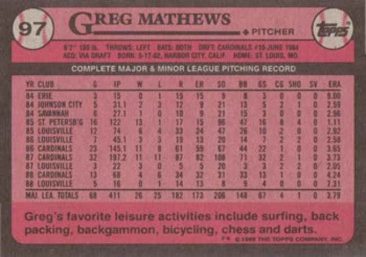 1989 Topps #97 Greg Mathews NM-MT St. Louis Cardinals Baseball Card Image 2