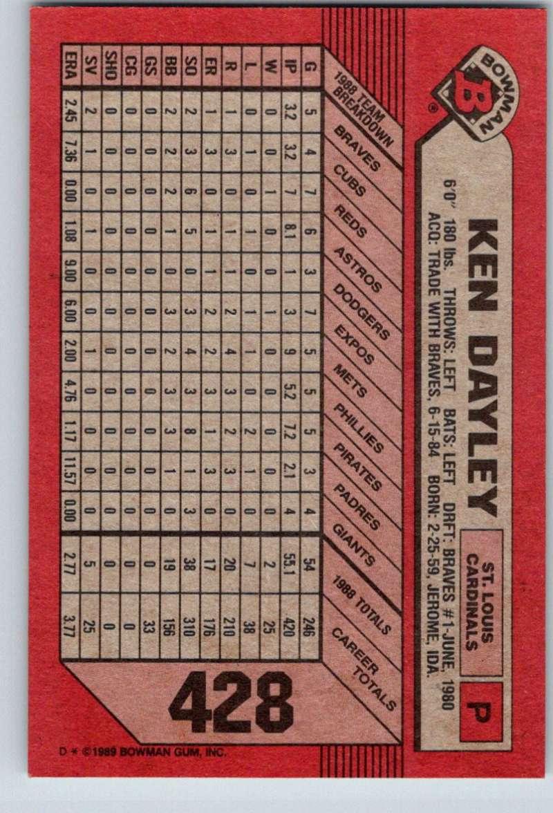 1989 Bowman #428 Ken Dayley NM-MT St. Louis Cardinals Baseball Card Image 2