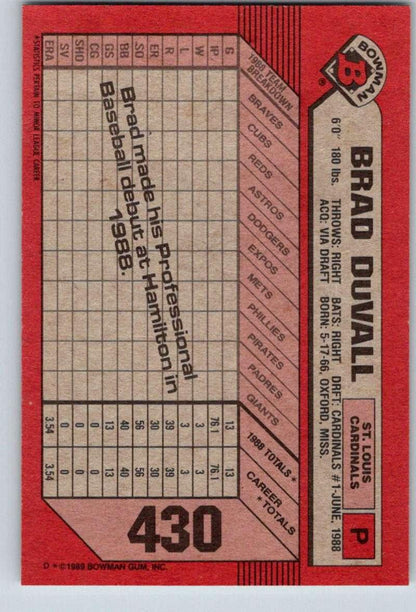 1989 Bowman #430 Brad DuVall NM-MT RC Rookie St. Louis Cardinals Baseball Card Image 2