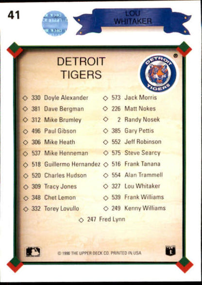 1990 Upper Deck #41 Lou Whitaker TC NM-MT Detroit Tigers Baseball Card Image 2