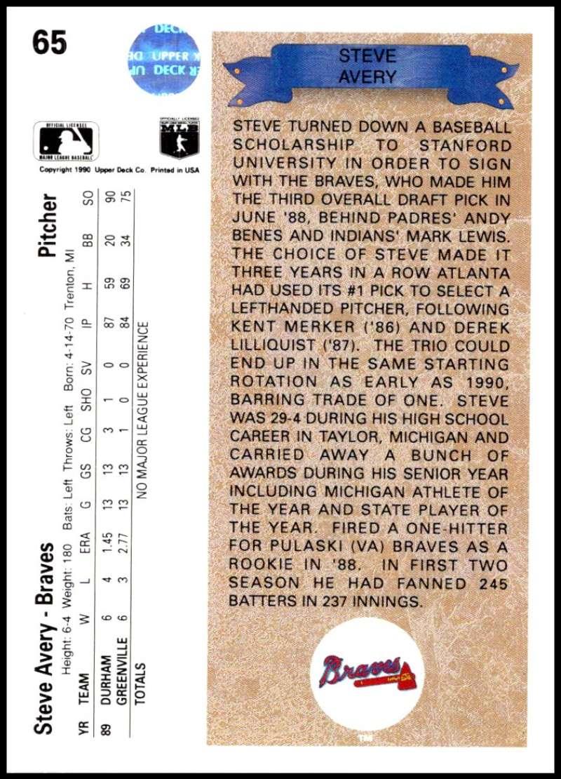 1990 Upper Deck #65 Steve Avery UER NM-MT Atlanta Braves Baseball Card Image 2