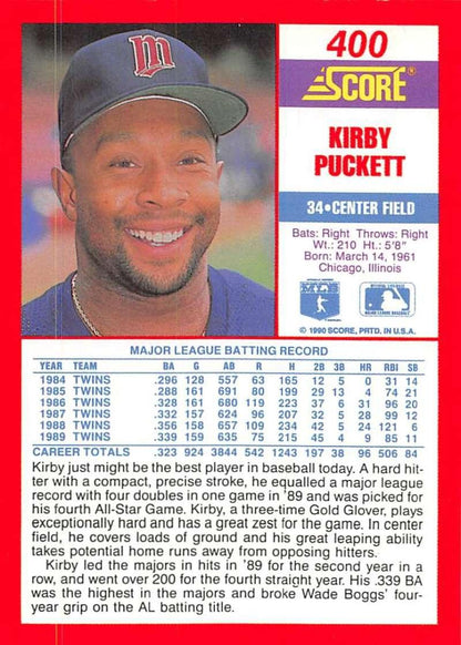 1990 Score #400 Kirby Puckett NM-MT Minnesota Twins Baseball Card Image 2