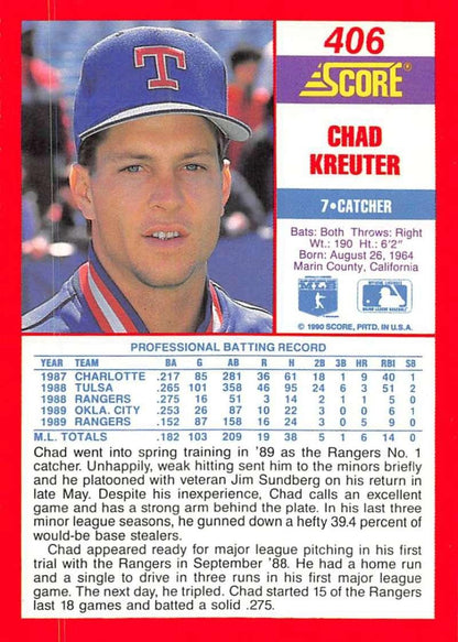 1990 Score #406 Chad Kreuter NM-MT Texas Rangers Baseball Card Image 2