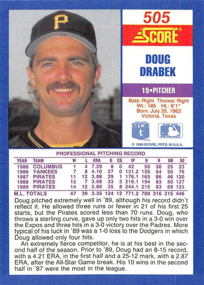 1990 Score #505 Doug Drabek NM-MT Pittsburgh Pirates Baseball Card Image 2