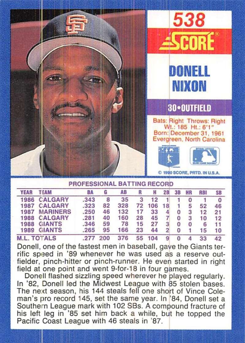 1990 Score #538 Donell Nixon NM-MT San Francisco Giants Baseball Card Image 2