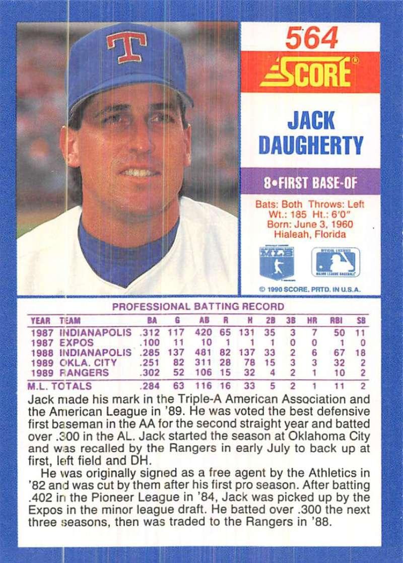 1990 Score #564 Jack Daugherty NM-MT RC Rookie Texas Rangers Baseball Card Image 2
