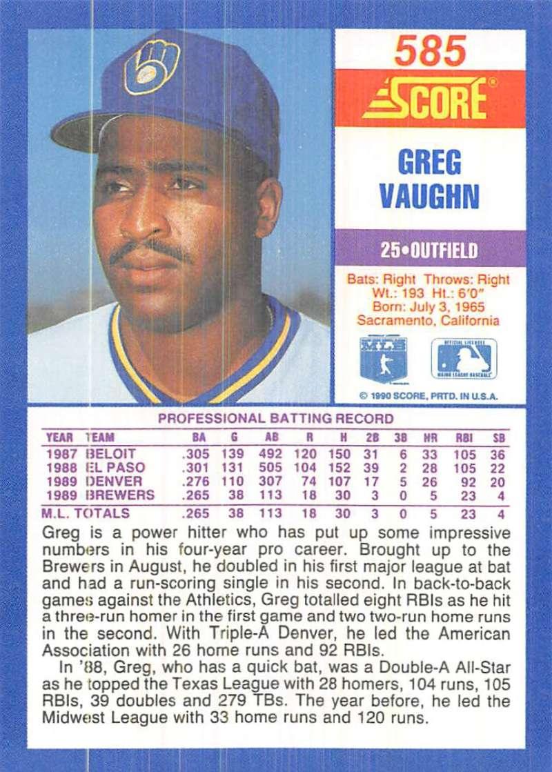 1990 Score #585 Greg Vaughn NM-MT Milwaukee Brewers Baseball Card Image 2
