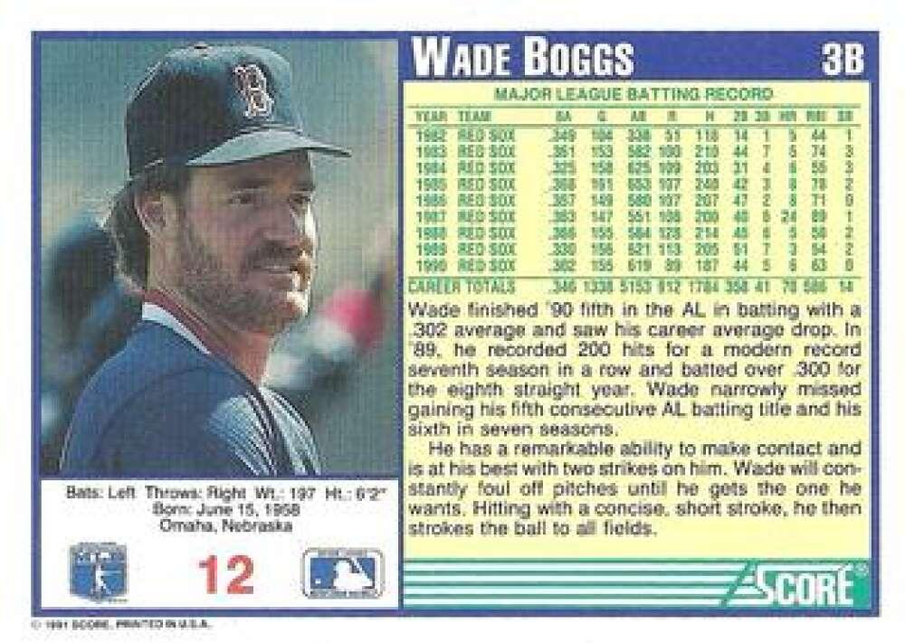 1991 Score #12 Wade Boggs NM-MT Boston Red Sox Baseball Card Image 2