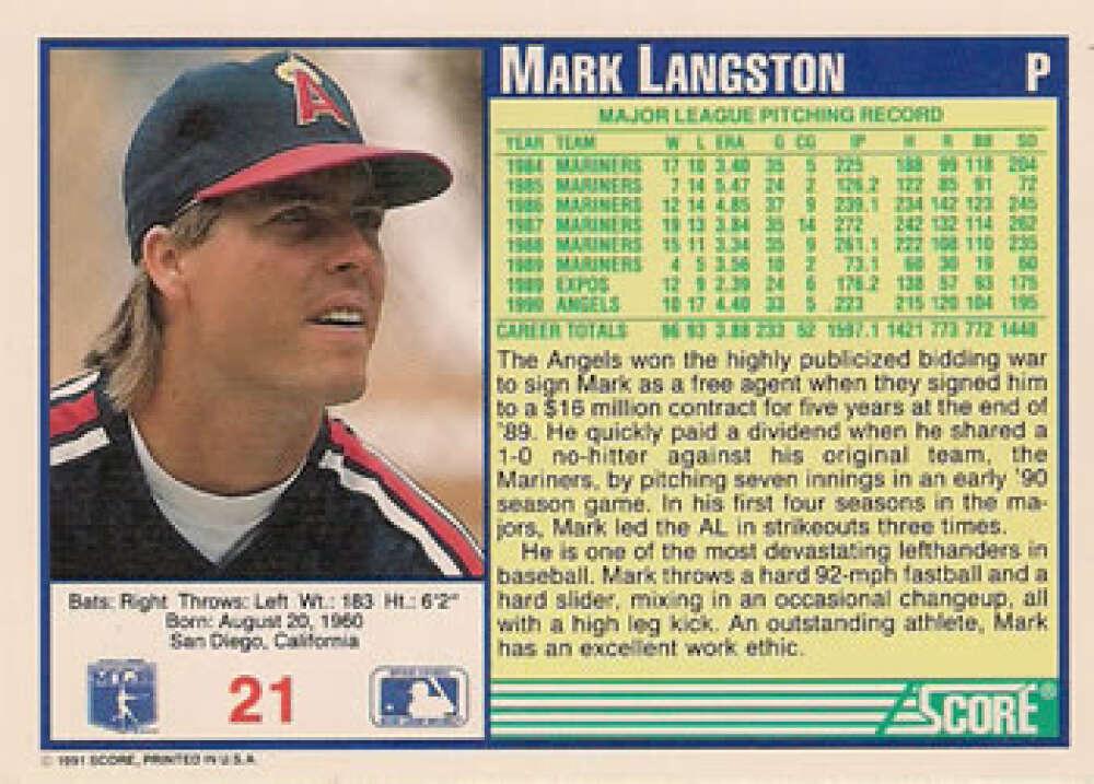 1991 Score #21 Mark Langston NM-MT California Angels Baseball Card Image 2