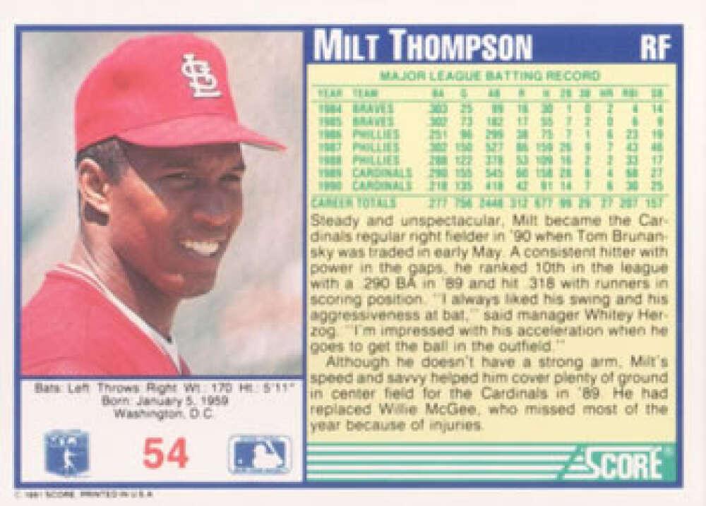 1991 Score #54 Milt Thompson NM-MT St. Louis Cardinals Baseball Card Image 2
