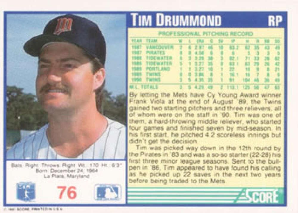 1991 Score #76 Tim Drummond NM-MT Minnesota Twins Baseball Card Image 2