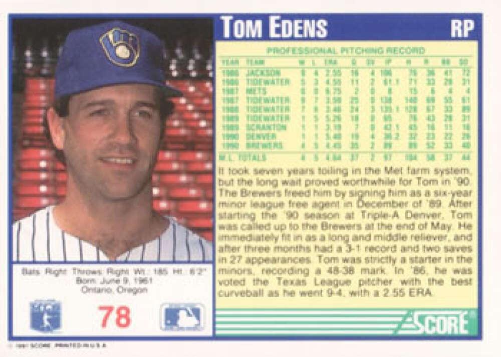 1991 Score #78 Tom Edens NM-MT RC Rookie Milwaukee Brewers Baseball Card Image 2