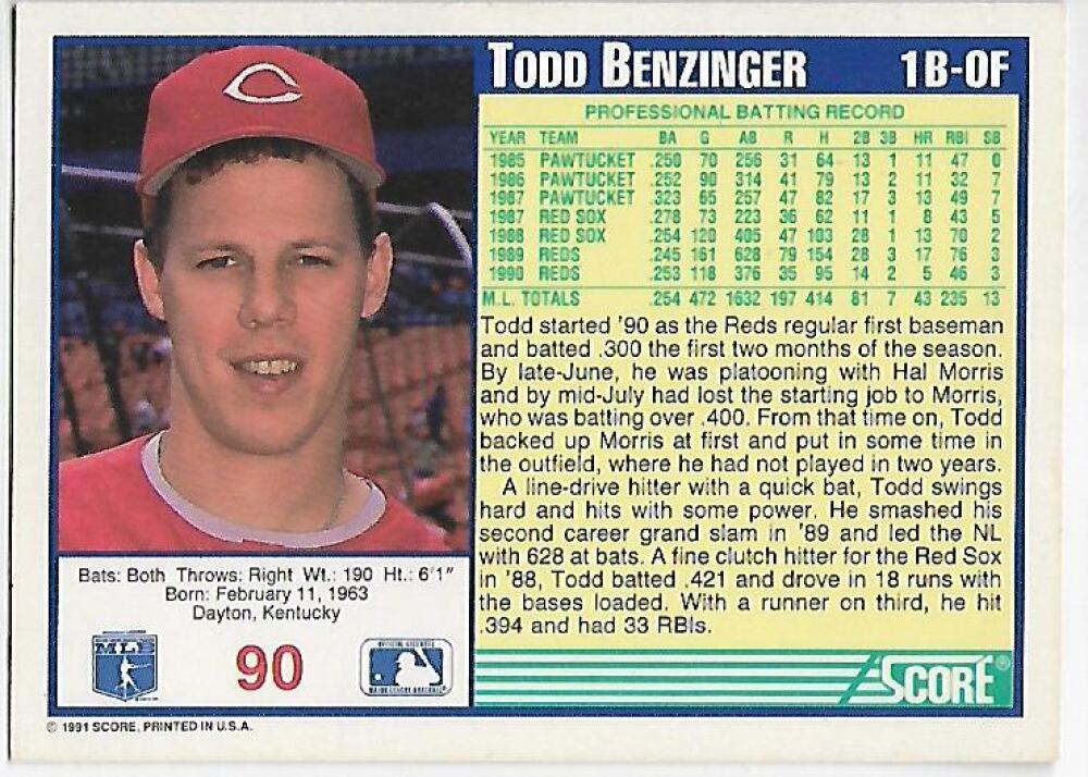 1991 Score #90 Todd Benzinger NM-MT Cincinnati Reds Baseball Card Image 2