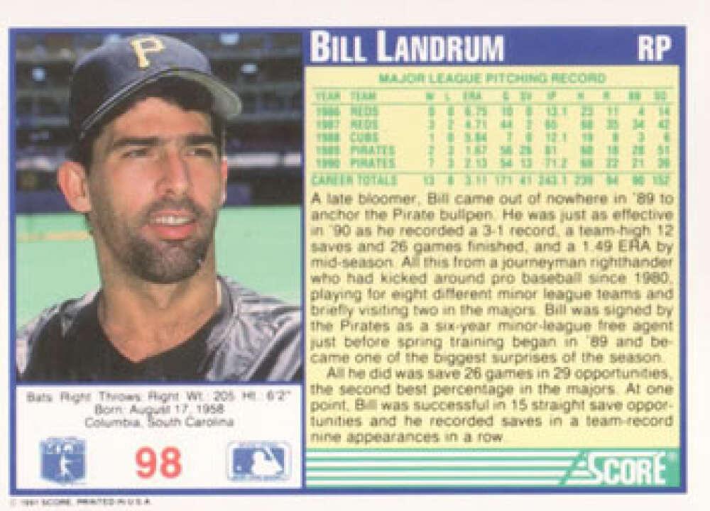 1991 Score #98 Bill Landrum NM-MT Pittsburgh Pirates Baseball Card Image 2