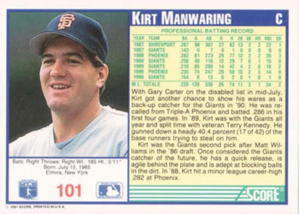 1991 Score #101 Kirt Manwaring NM-MT San Francisco Giants Baseball Card Image 2