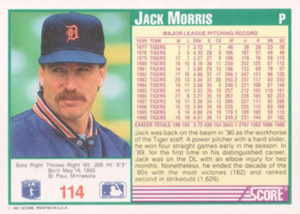 1991 Score #114 Jack Morris NM-MT Detroit Tigers Baseball Card Image 2