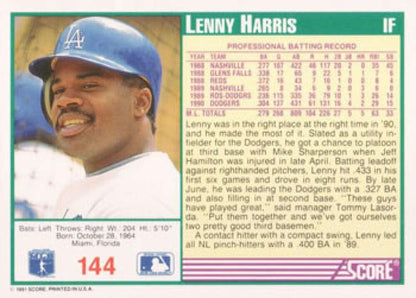 1991 Score #144 Lenny Harris NM-MT Los Angeles Dodgers Baseball Card Image 2