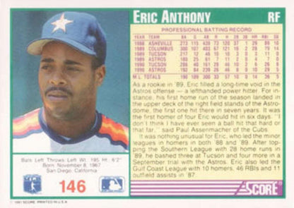 1991 Score #146 Eric Anthony NM-MT Houston Astros Baseball Card Image 2