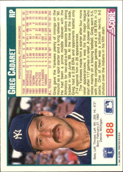 1991 Score #188 Greg Cadaret NM-MT New York Yankees Baseball Card Image 2